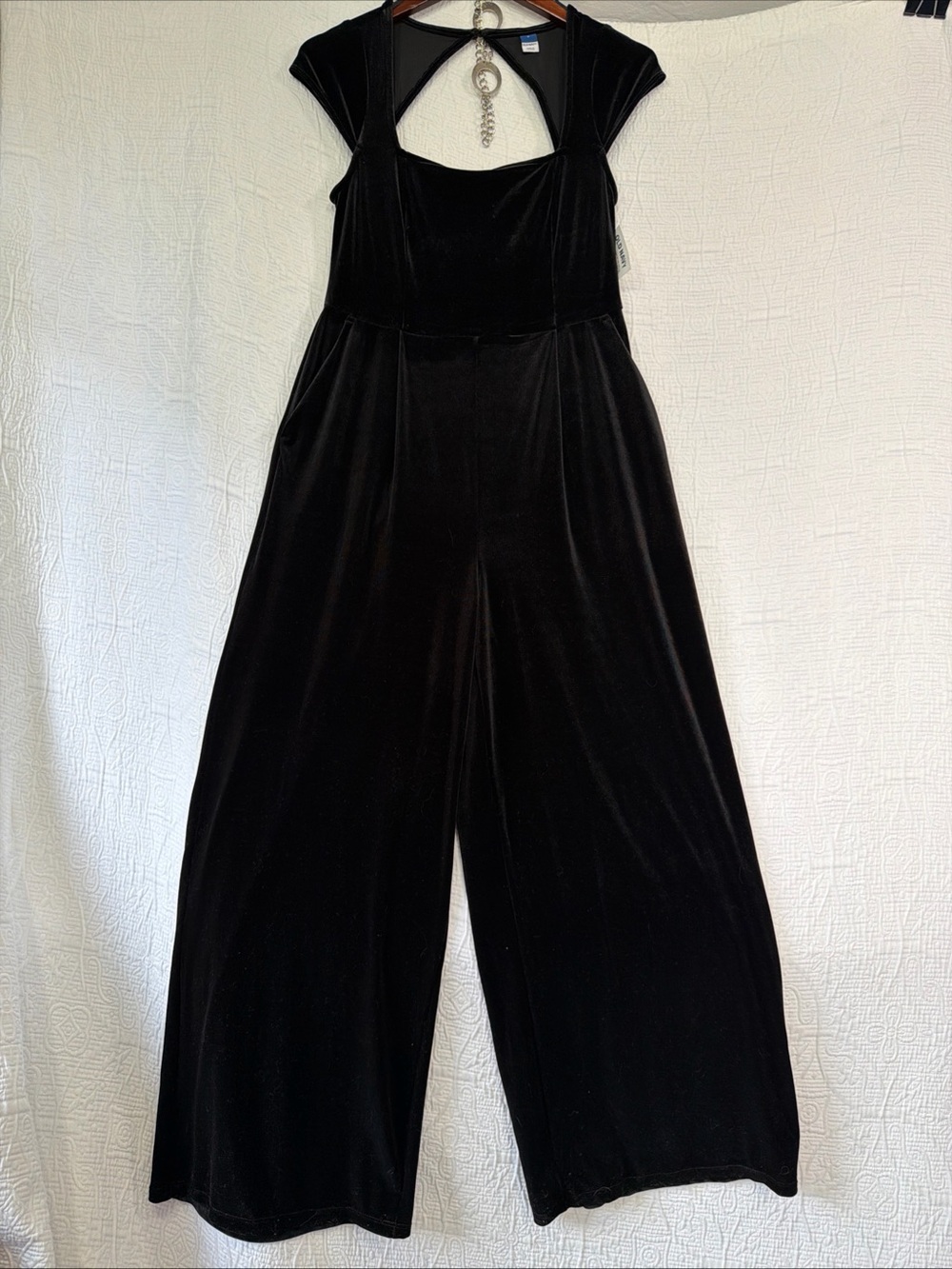 Old Navy New Short Sleeve Jumpsuit Velvet Black Square Neck Open Back Wide Leg